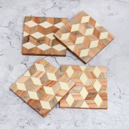 Cube Pattern Wooden Tea Coasters - Pack of 4